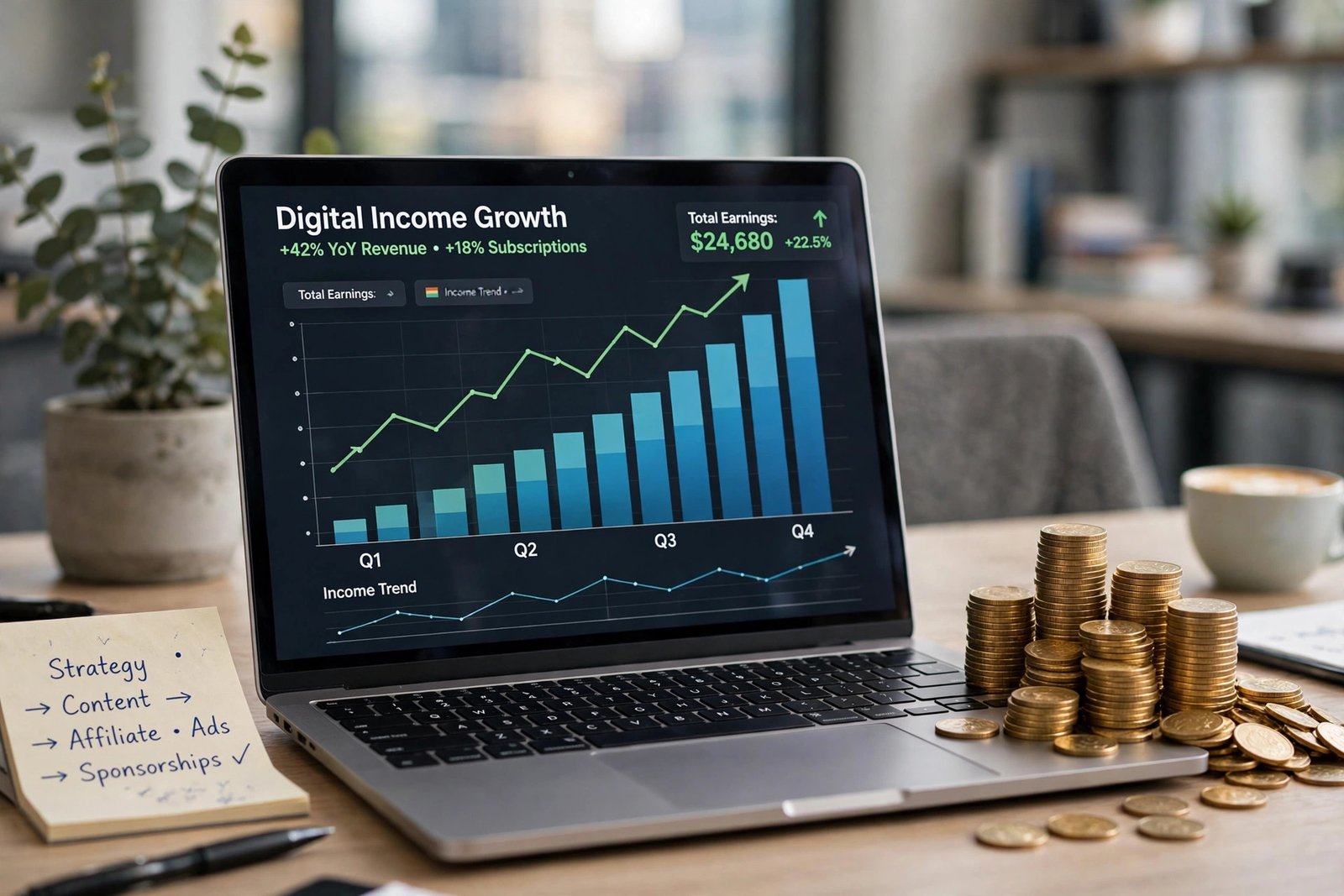 Laptop with rising charts and gold coins, digital income growth