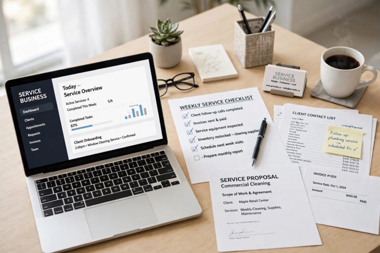 Business workspace with laptop, documents and checklist