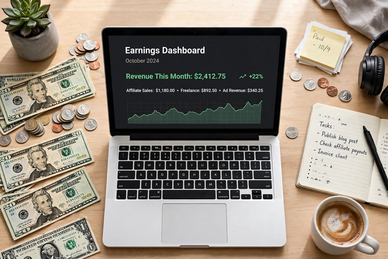 Laptop surrounded by dollar bills and coins, online earning concept