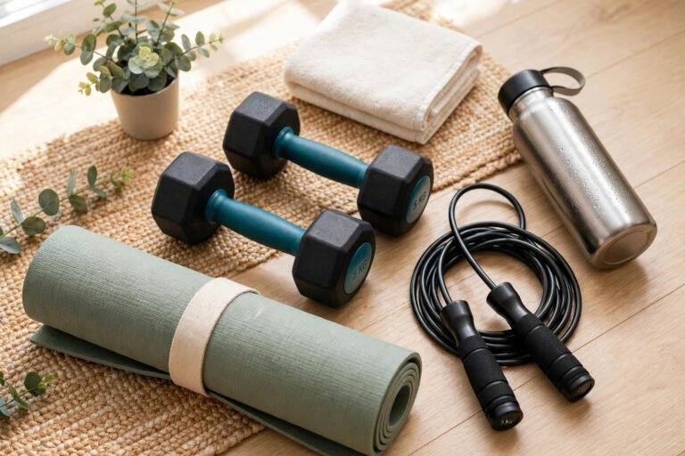 Dumbbells, yoga mat and water bottle for home workouts