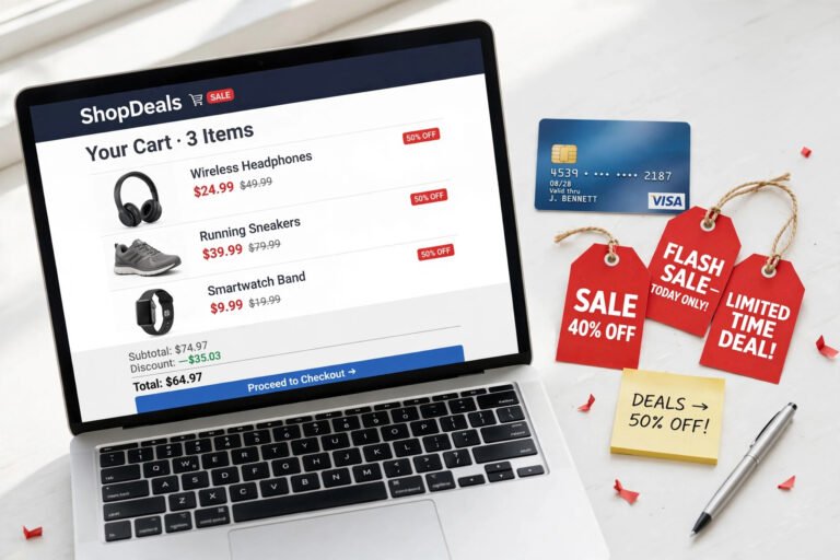 Laptop with shopping cart and sale price tags, online deals