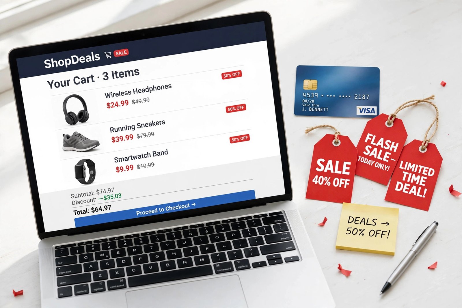 Laptop with shopping cart and sale price tags, online deals